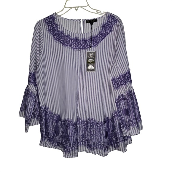 DG2 by Diane Gilman Tops - DG2 Diane‎ Gilman Purple Stripe Lace Trim Blouse Top Bell Sleeve Large New NWT